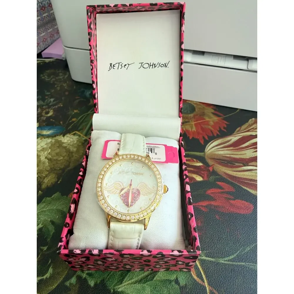 Betsey Johnson Winged Heart Women’s Wrist Watch Pearl tone  Sparkle Trim NIB